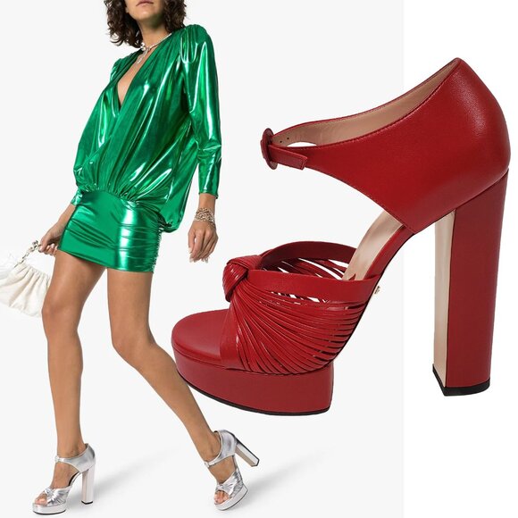GUCCI SHOES CRAWFORD KNOTTED RED LEATHER PLATFORM SANDALS sz 38.5 8.5 - Picture 1 of 15